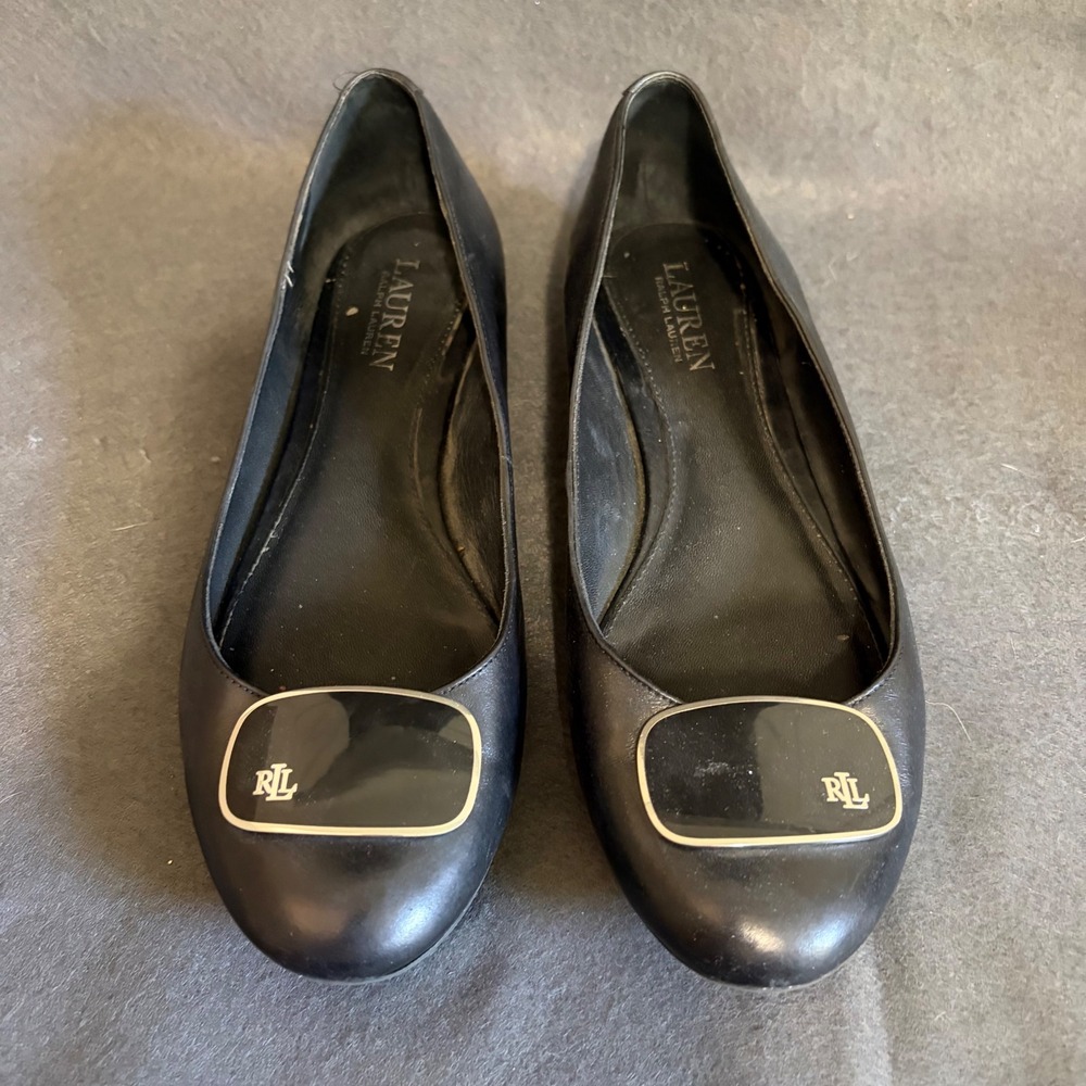 Lauren Ralph Lauren Ballet Flats Women 8.5 Black Leather Logo Preppy Round Toe